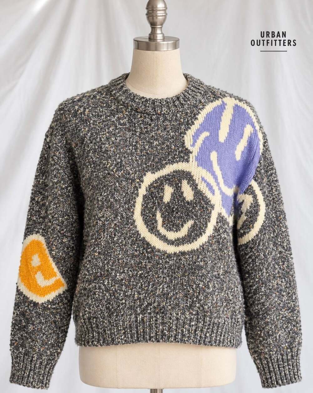 Urban Outfitters Smiley Face Intarsia Knit Sweater S Gray Oversized Wool Blend